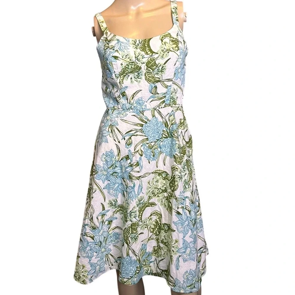 Ann Taylor LOFT Cotton Floral Sundress Blue Green Fit Flare Size 2 Cottage Core‎